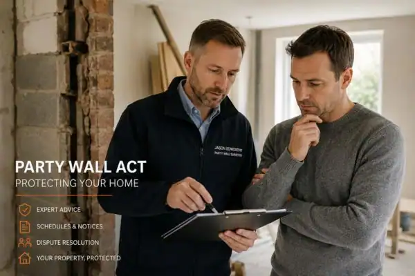 Party wall surveyor Sheffield discussing extension plans with homeowner outside a UK semi-detached house.